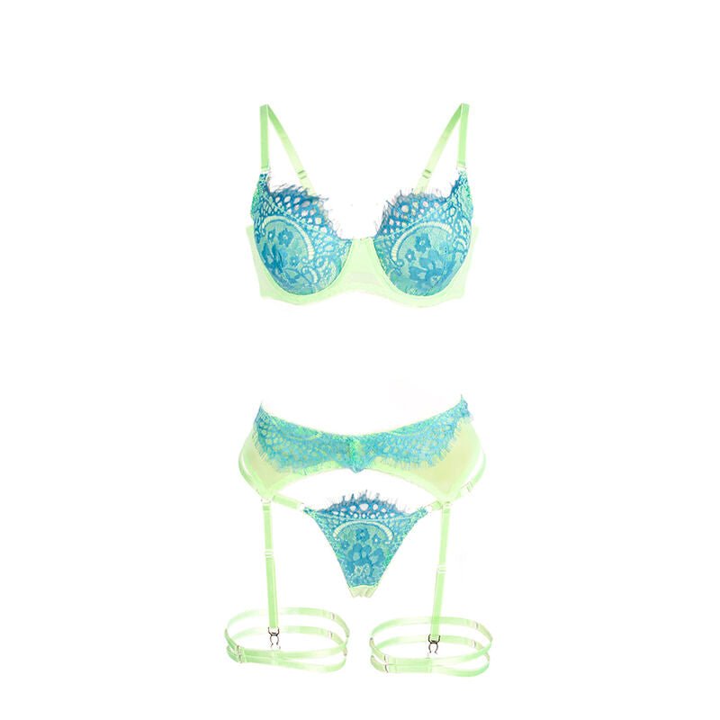 SUBBLIME - 955328 BRA SET WITH LACE AND GARTER LINES GREEN AND BLUE L/XL - Kink&Play