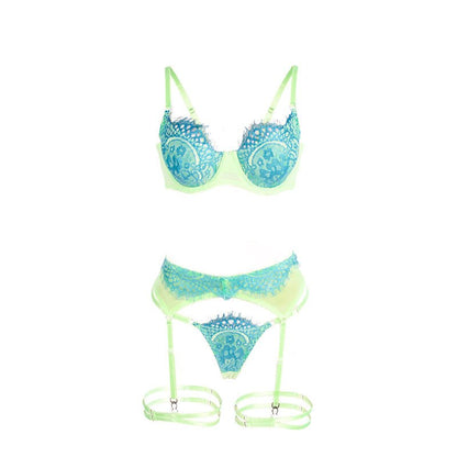SUBBLIME - 955328 BRA SET WITH LACE AND GARTER LINES GREEN AND BLUE L/XL - Kink&Play