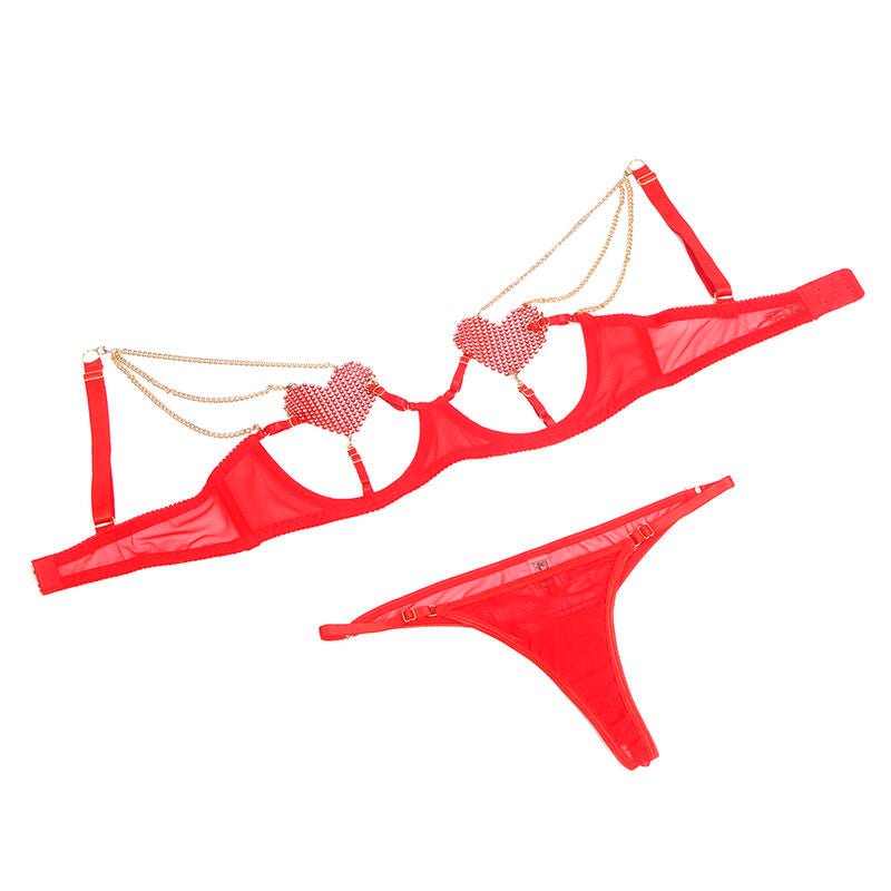 SUBBLIME - 955526 BRA SET WITH CHAINS AND MESH HEART RED L/XL - Kink&Play