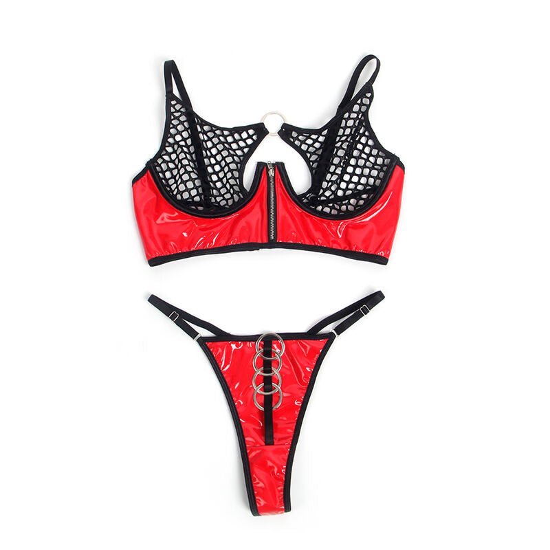 SUBBLIME - 955533 RED PATENT LEATHER MESH ZIPPER BRA SET S/M - Kink&Play