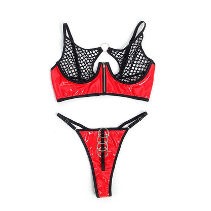 SUBBLIME - 955533 RED PATENT LEATHER MESH ZIPPER BRA SET S/M - Kink&Play