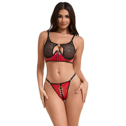 SUBBLIME - 955540 RED PATENT LEATHER MESH ZIPPER BRA SET L/XL - Kink&Play
