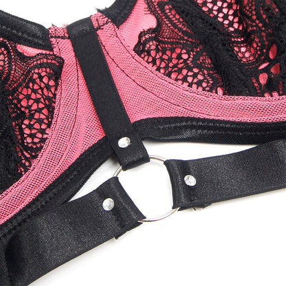SUBBLIME - 955588 PINK PATENT LEATHER MESH ZIPPER BRA SET L/XL - Kink&Play