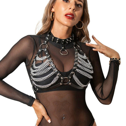 SUBBLIME - HARNESS BRA AND NECKLACE WITH CHAINS ONE SIZE - Kink&Play