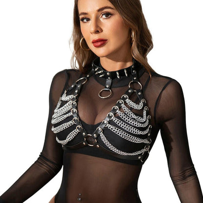 SUBBLIME - HARNESS BRA AND NECKLACE WITH CHAINS ONE SIZE - Kink&Play
