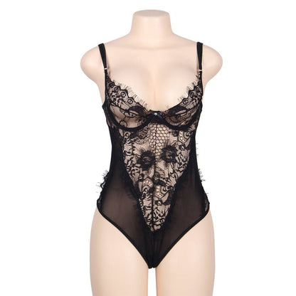 SUBBLIME - QUEEN PLUS FLORAL LACE AND FRINGED BLACK TEDDY - Kink&Play
